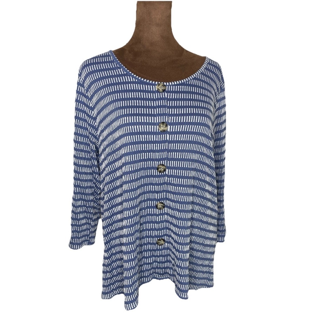 Gyft Knit Shirt Women's XL Blue White Stripe 3/4 Sleeve Button Detail Soft